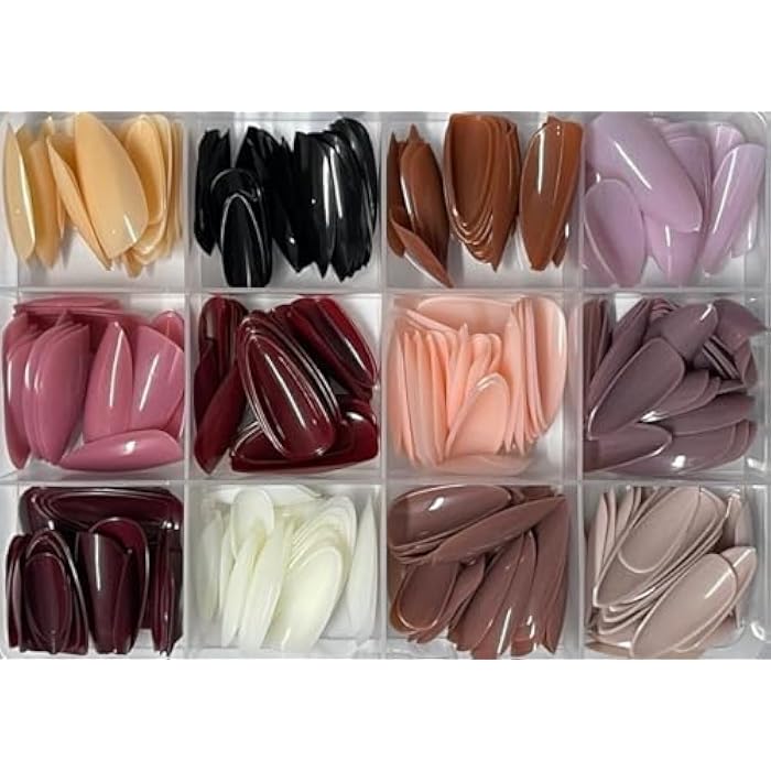 144pc Colored Stiletto False Nails Full Cover Soft Gel Acrylic Tips Pointy Fake Nail Artificial Fingernails Manicure Designs Decor for Women Girls Home Salon DIY. (12 COLOR-) - OVAL SHAPE- - Image 2